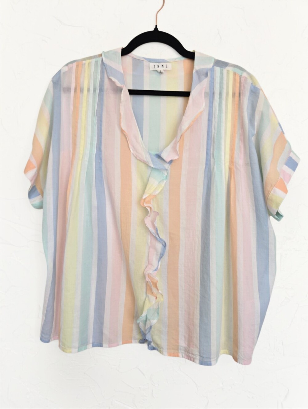THML Pastel Rainbow Stripe Ruffle Cotton Top, S